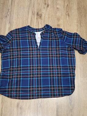 Women's Navy Plaid Split-Neck Blouse